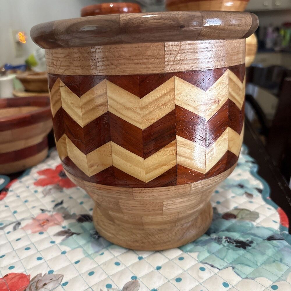 Handcrafted Segmented Wood Pedestal Bowl Cherry Walnut Padauk Maple Chevron